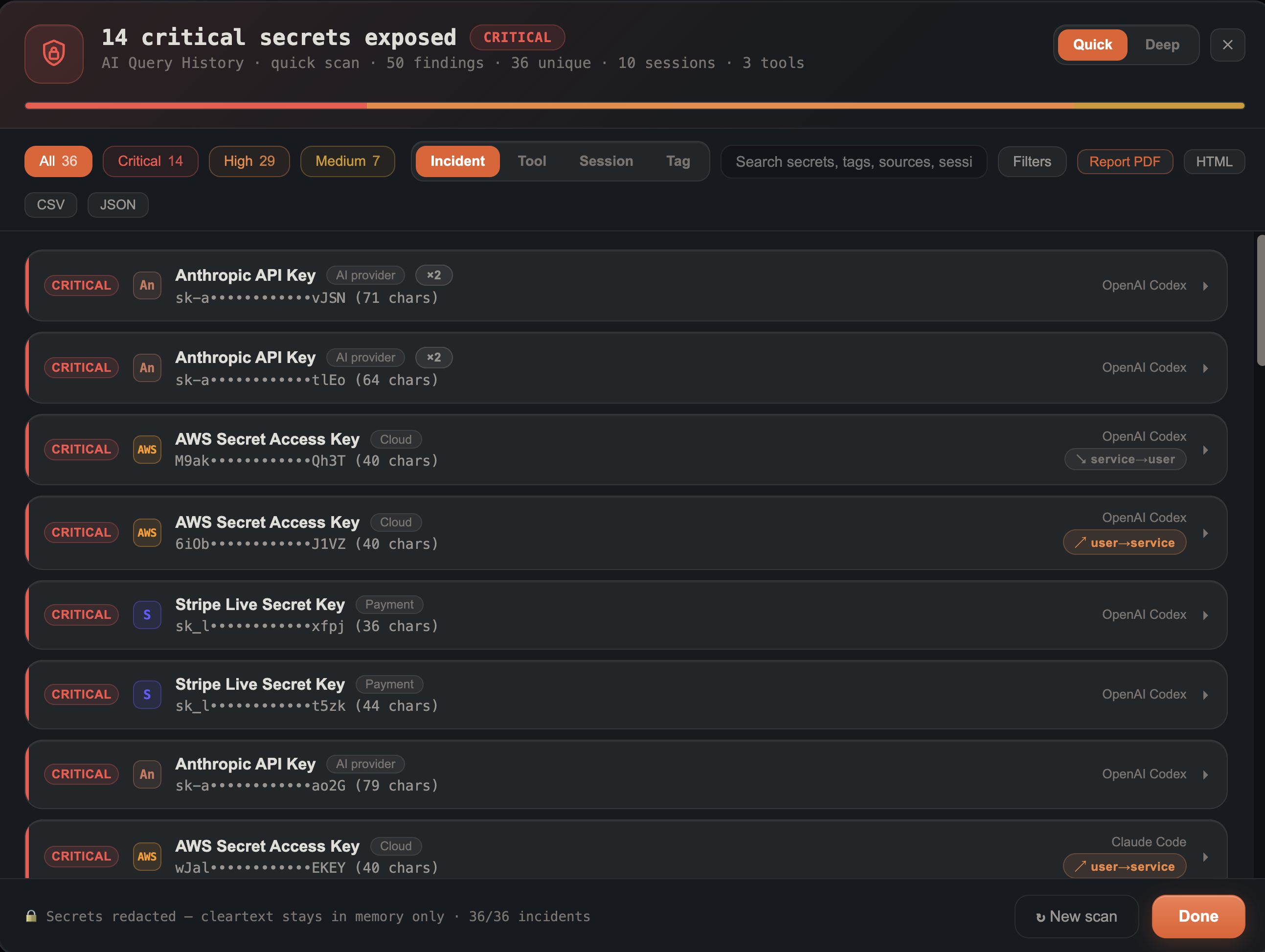 AI Secret Hunt results with grouped findings, severity, and redacted previews