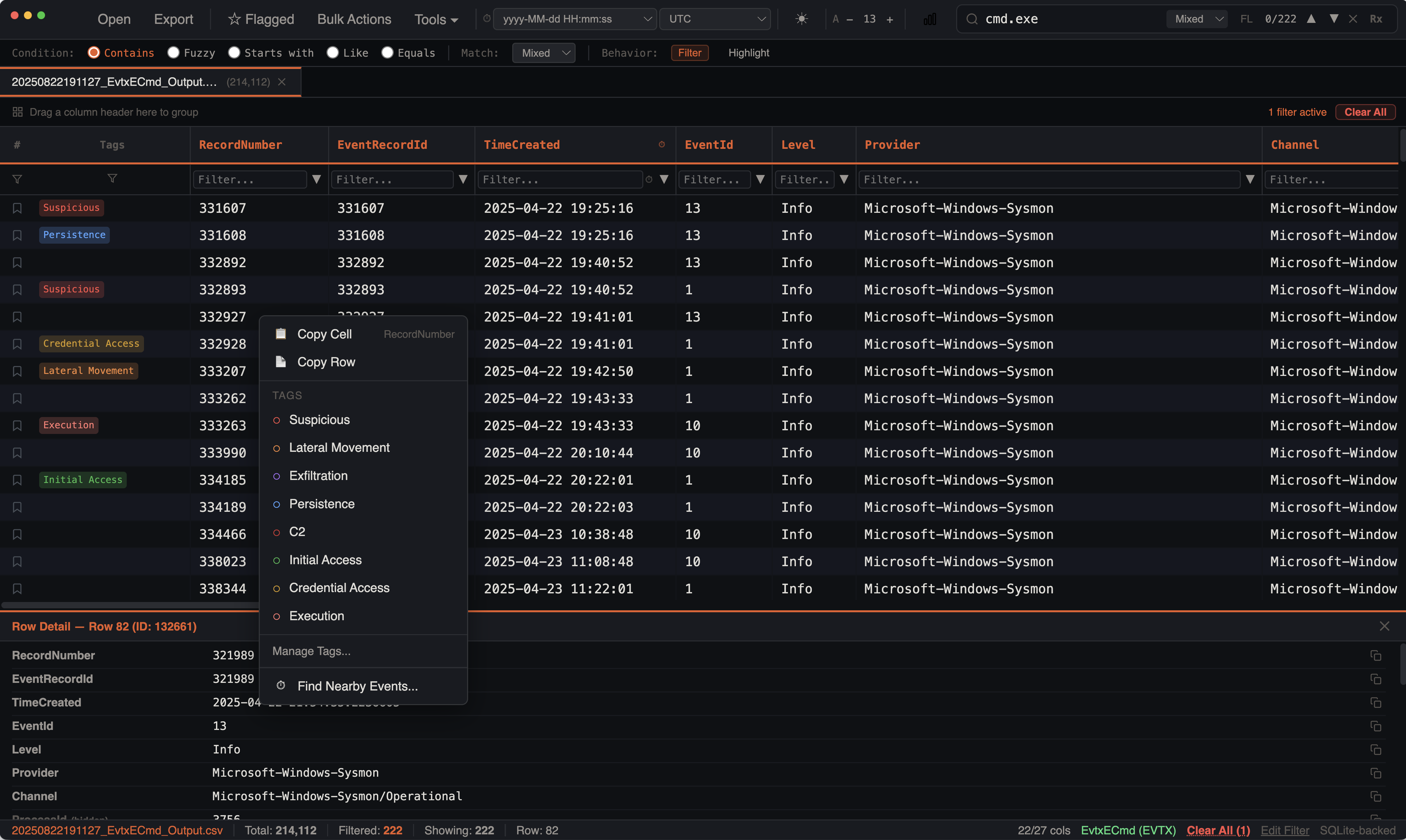 Bookmarks and Tags showing tagged rows with context menu for applying DFIR tags like Suspicious, Lateral Movement, and C2
