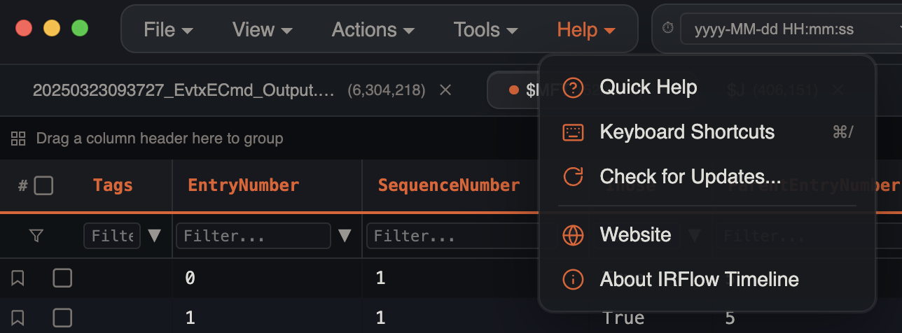 Help menu showing Check for Updates… alongside Quick Help, Keyboard Shortcuts, and About