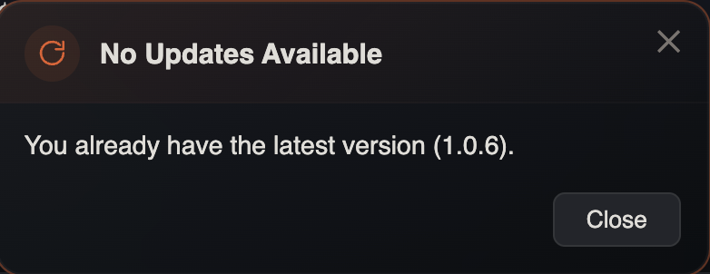 Check for Updates result dialog showing update status after a manual check