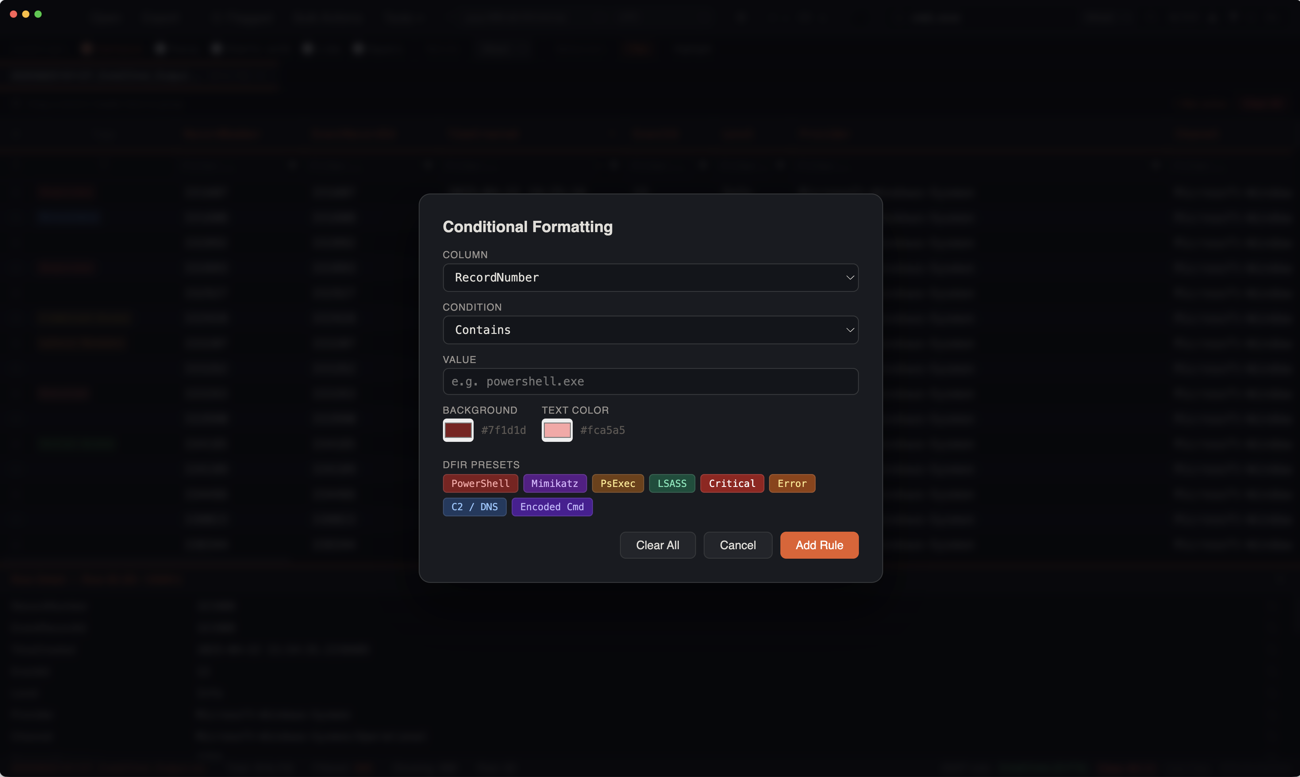 Color Rules dialog showing conditional formatting with DFIR presets for PowerShell, Mimikatz, PsExec, LSASS, and more
