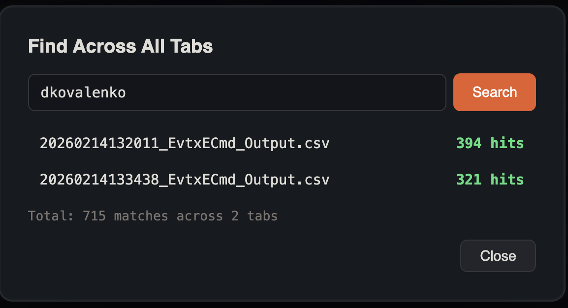 Cross-Tab Search modal listing each open tab with match counts and a button to jump to hits