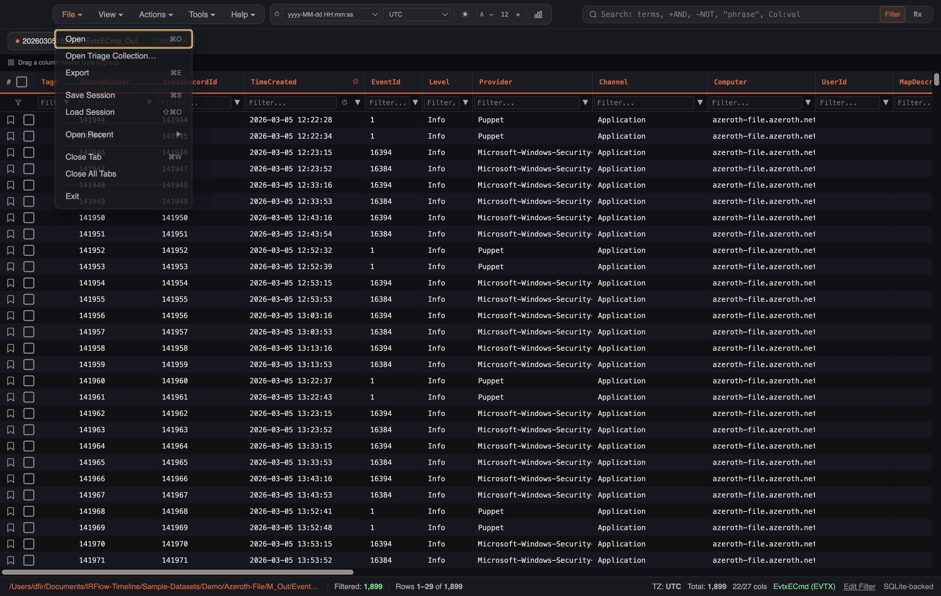 File menu with Open, Open Triage Collection, Export, session save/load, and Open Recent