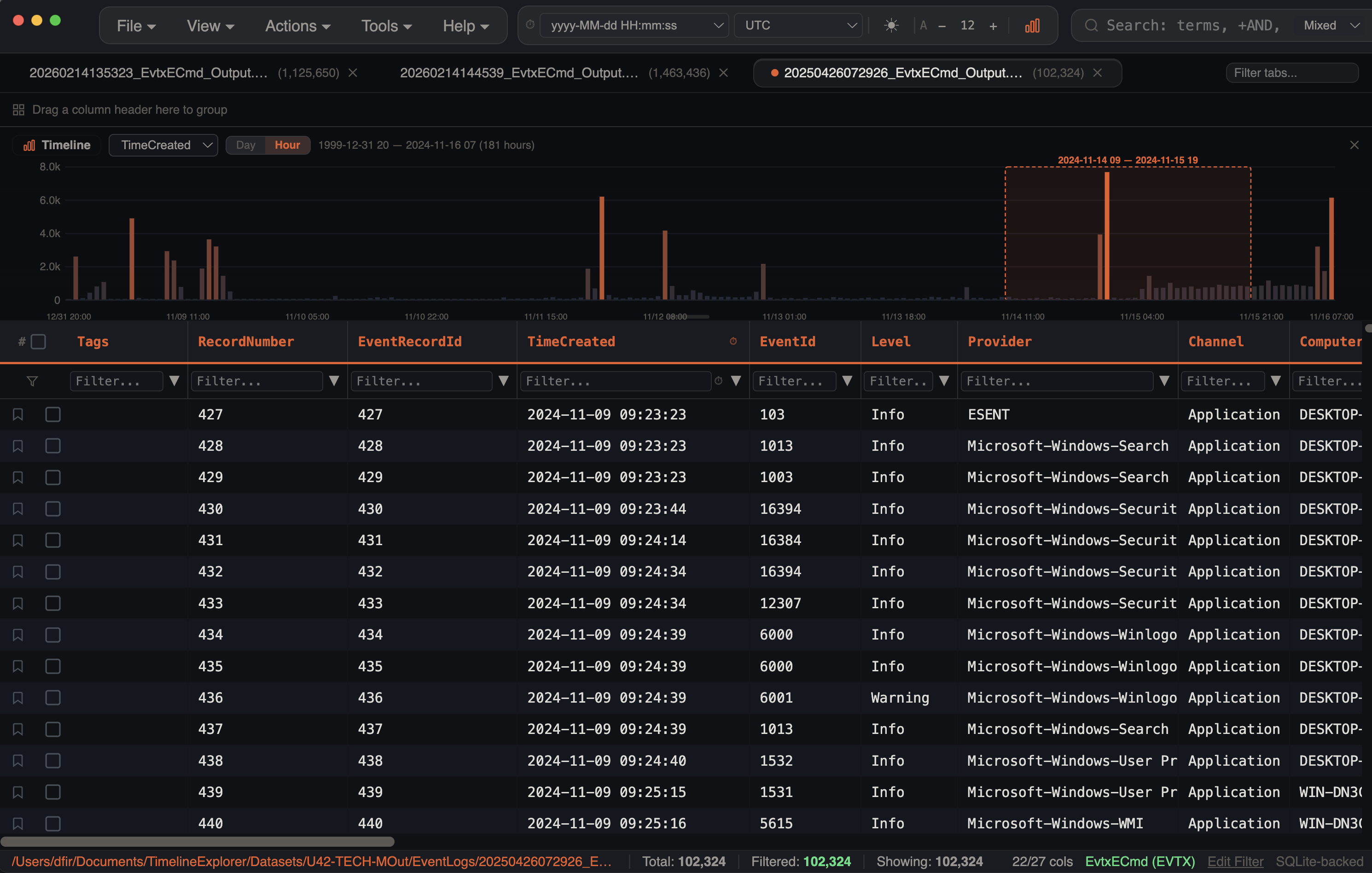 Histogram brush selection filtering events to a specific time range