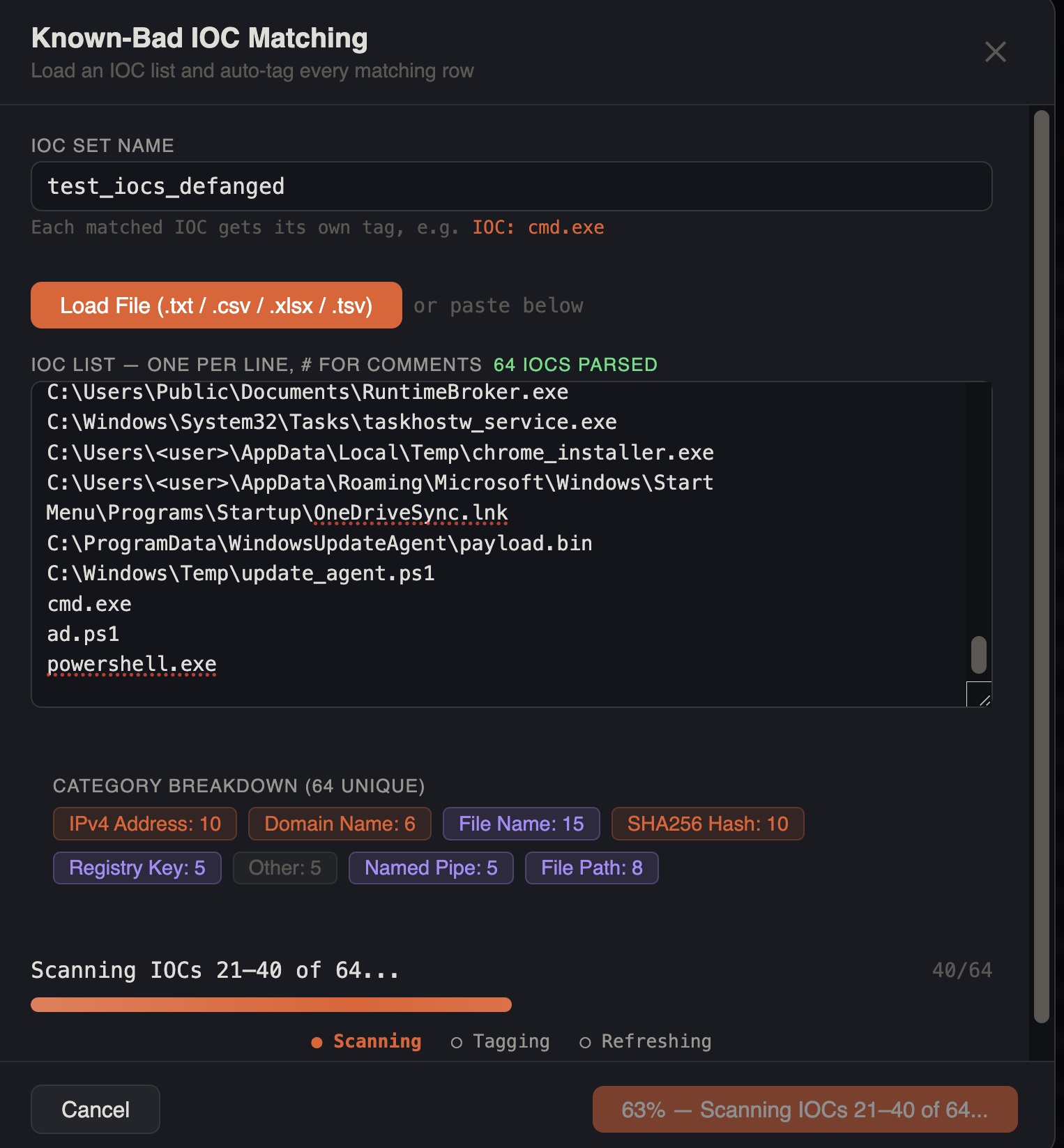 IOC Matching scan in progress showing 64 parsed IOCs with category breakdown, batch progress bar at 63%, and three-phase pipeline indicator