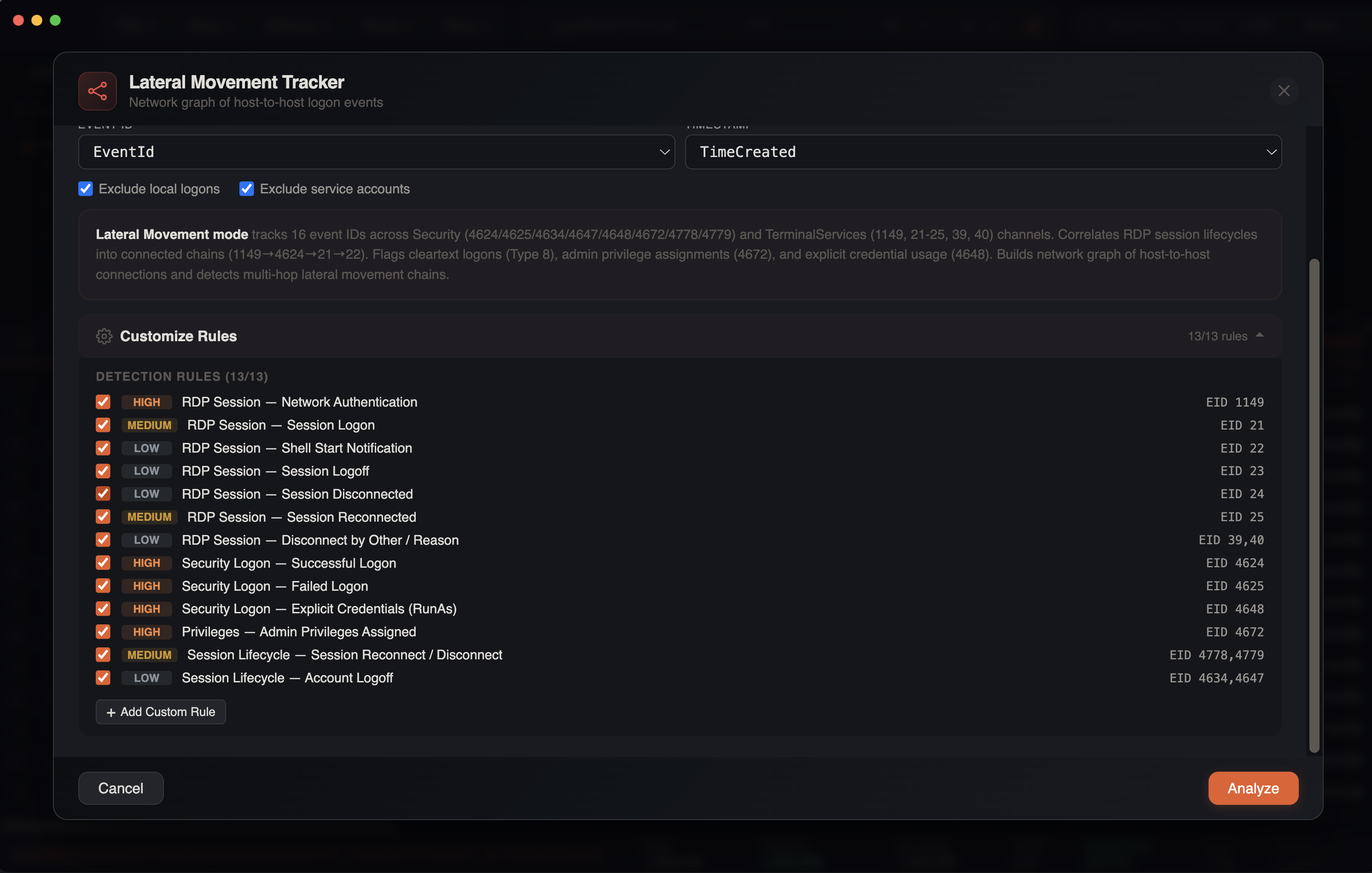 Lateral Movement Tracker detection rules configuration showing 13 built-in rules across RDP, Security, Privilege, and Session categories