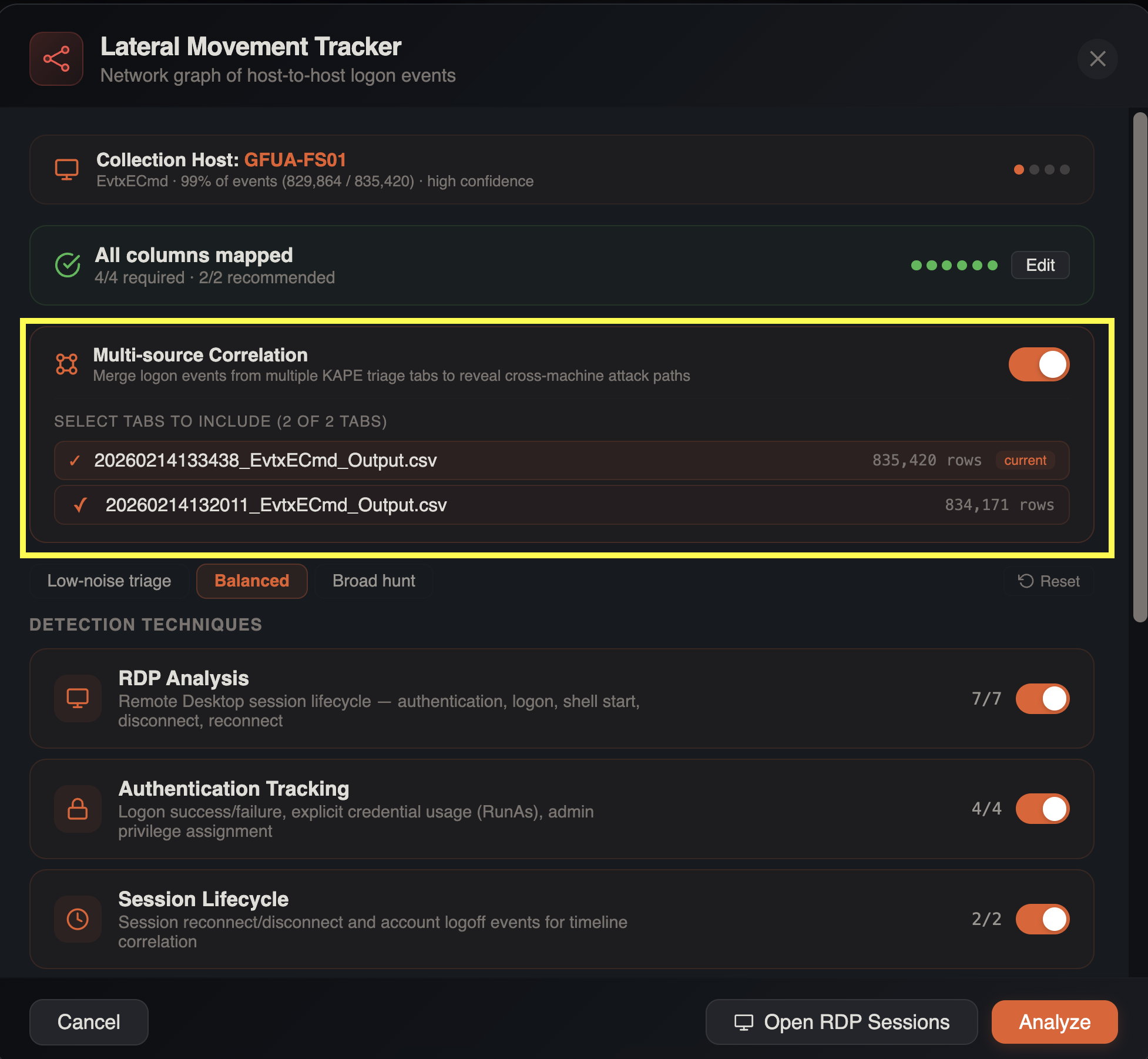 Lateral Movement Tracker multi-source setup with tab checkboxes to include Security, Sysmon, and other loaded timelines