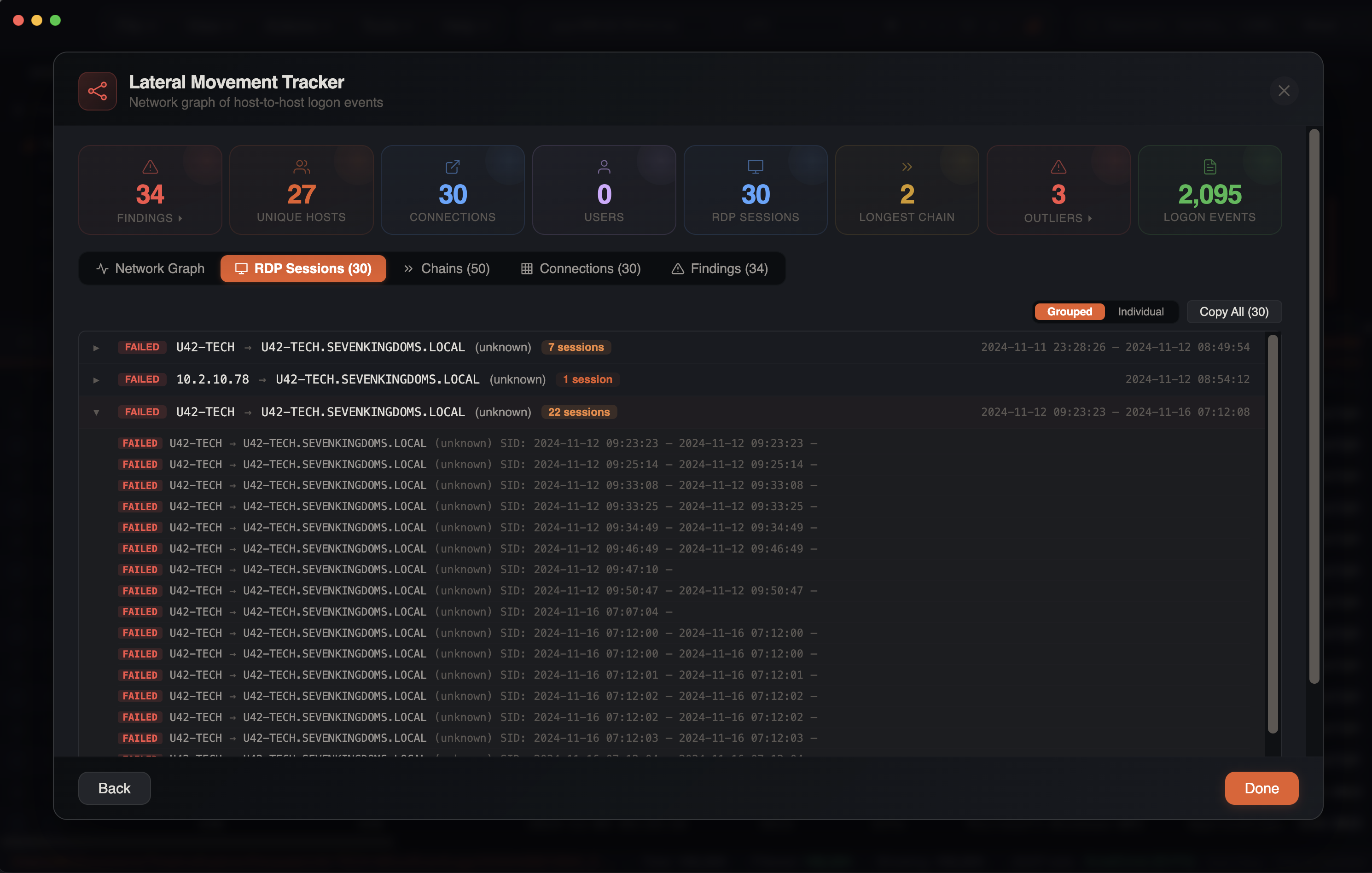 Lateral Movement Tracker RDP Sessions tab showing session correlation with status, source, target, user, and duration columns