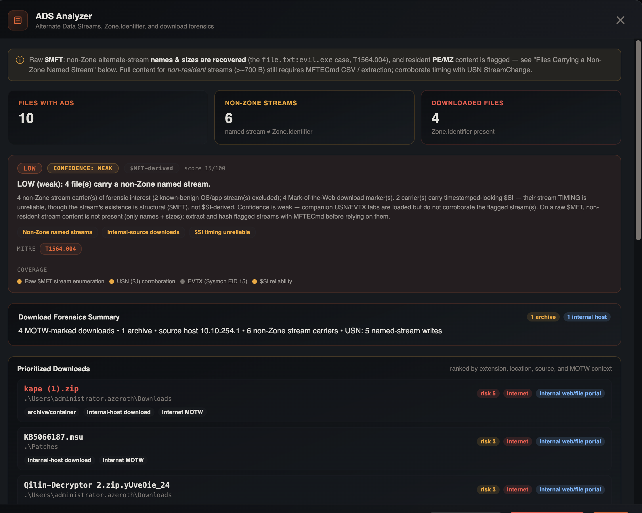 ADS Analyzer dashboard with Zone.Identifier, suspicious ADS, and executable stream categories