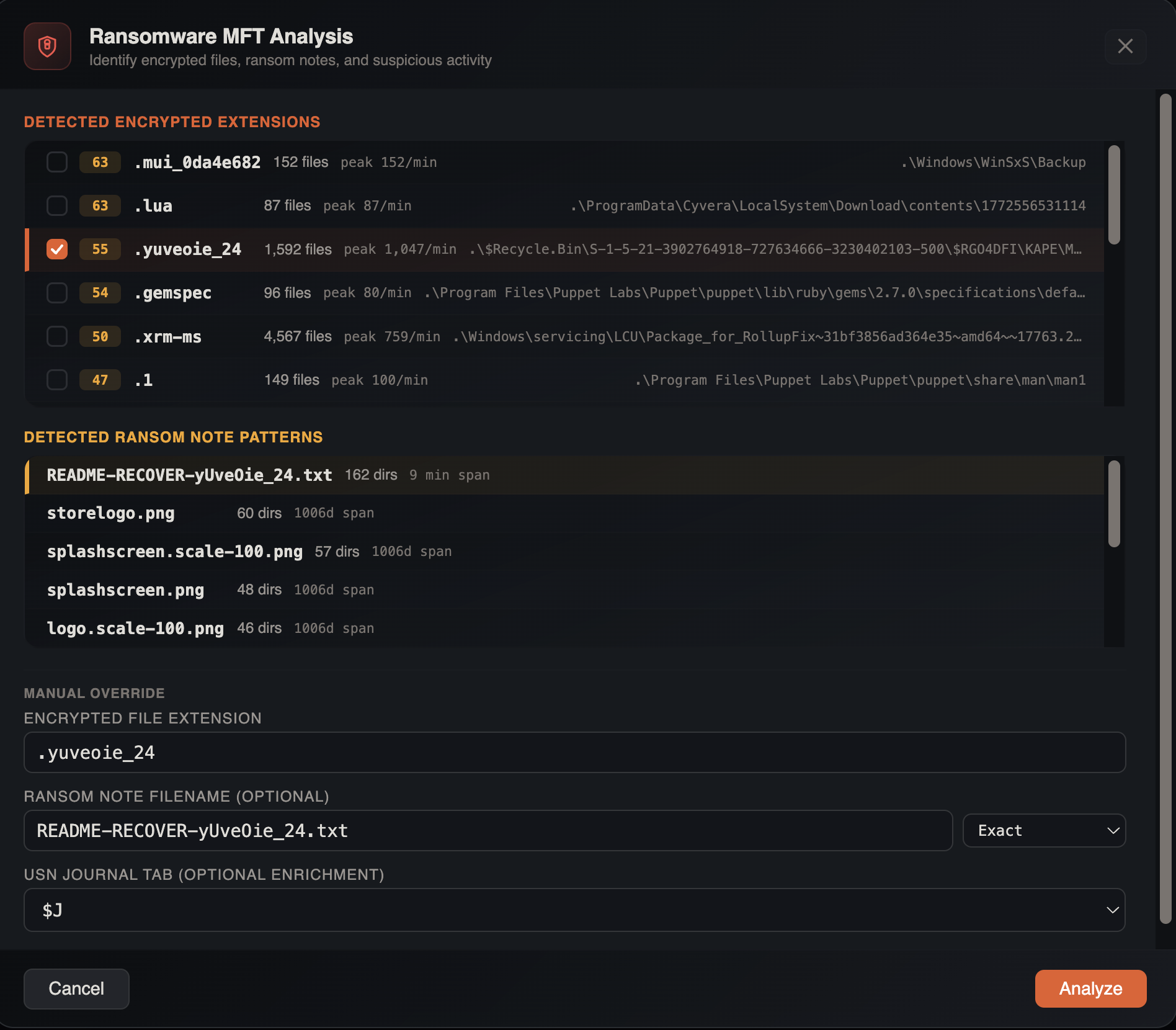 Ransomware Analysis setup showing encrypted extension and ransom note pattern configuration with detection preview