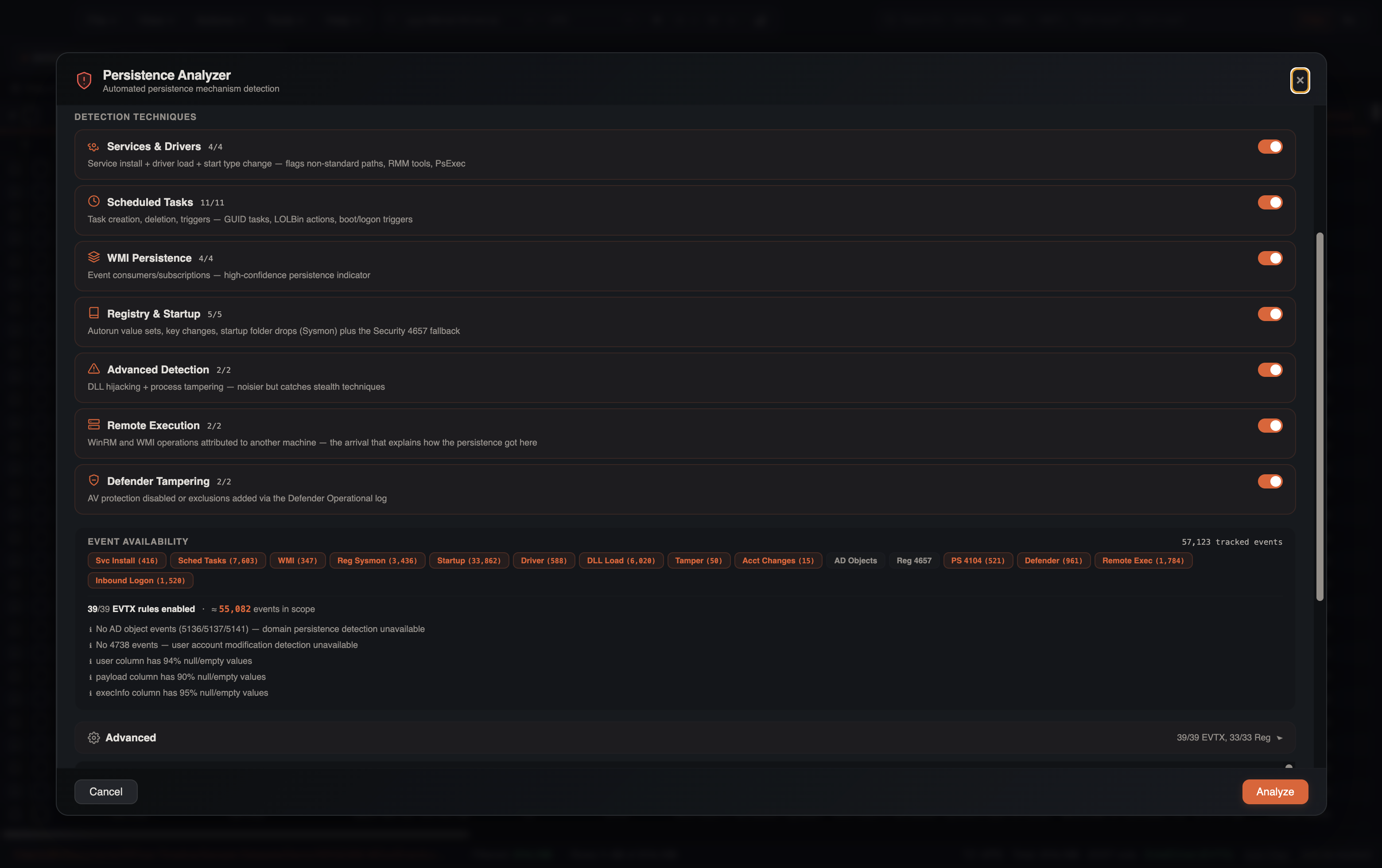 Event Availability — 39/39 EVTX rules enabled, ~55k events in scope, Svc Install / Sched Tasks / WMI / Defender / Remote Exec chips