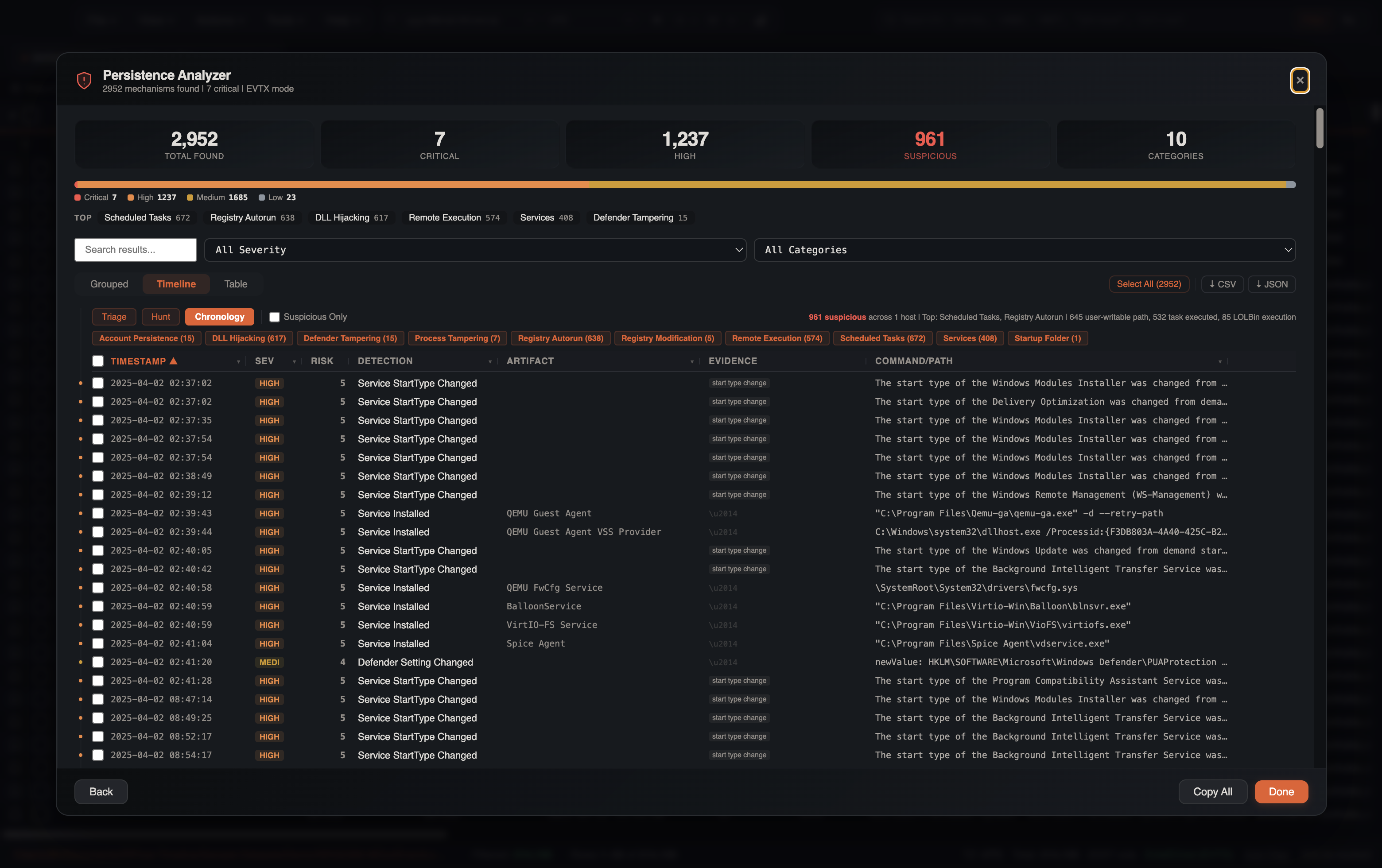 Timeline Chronology — time-sorted Service StartType Changed and QEMU Guest Agent service installs