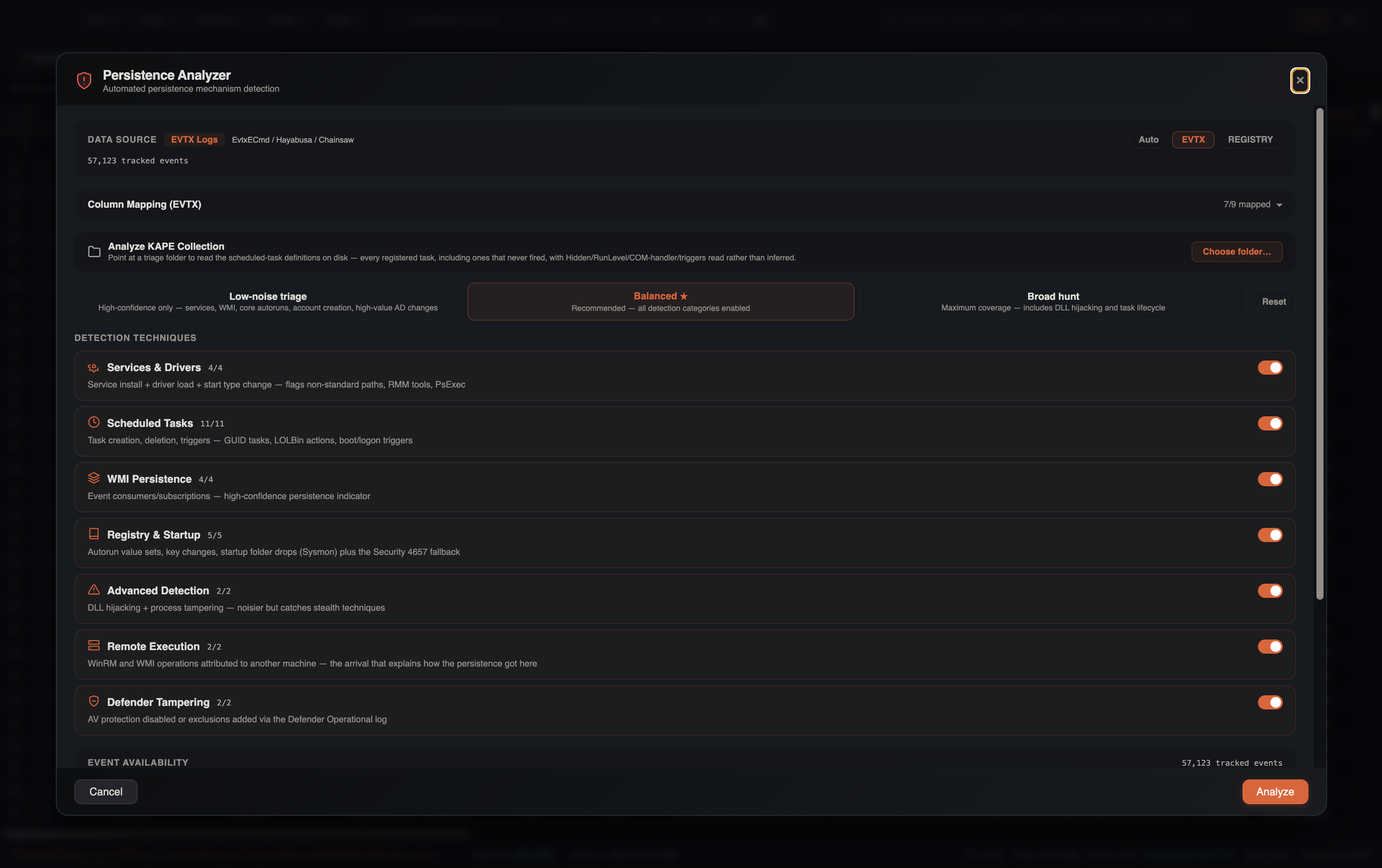 Persistence Analyzer config — EVTX Logs auto-detect, Analyze KAPE Collection, Low-noise / Balanced / Broad intents, technique-group toggles