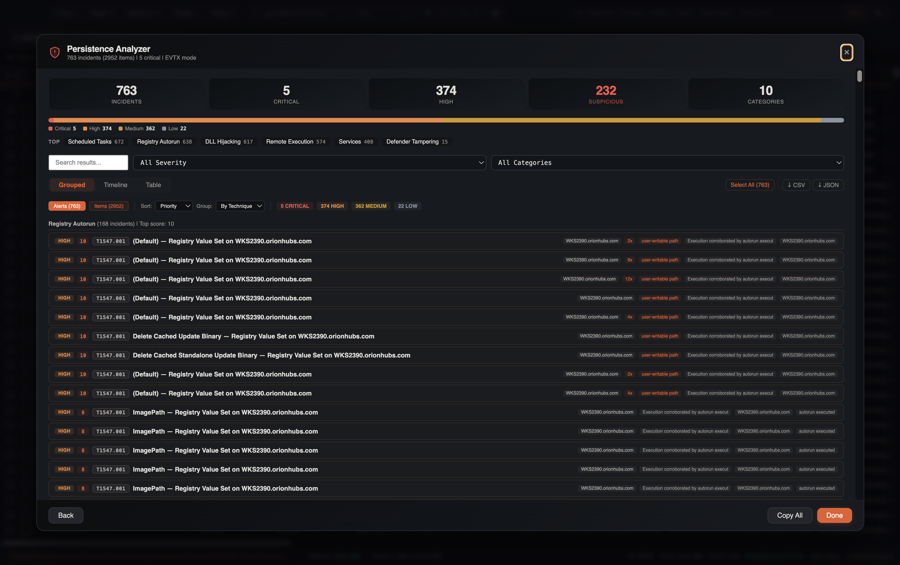 Persistence Analyzer Grouped alerts on WKS2390 — 763 incidents, Registry Autorun / T1547.001, Group by Technique