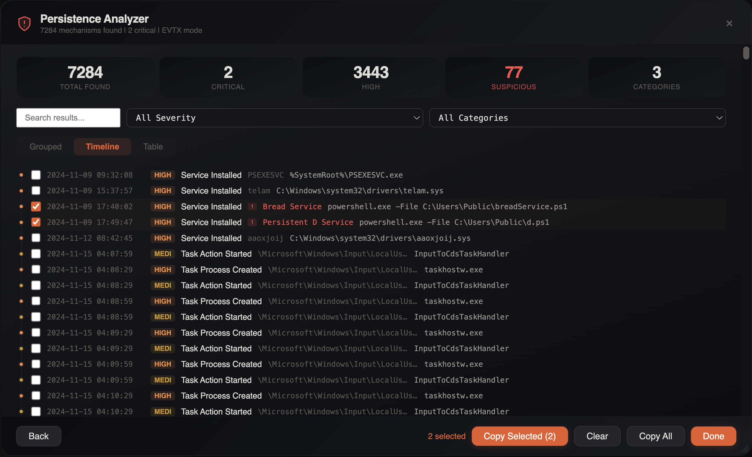 Persistence Analyzer showing 8648 findings in Timeline view with severity scores, service installations, and category filtering