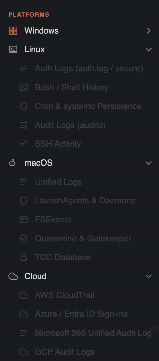 Tools Platforms section expanded showing Windows tools active and Linux, macOS, and Cloud placeholder groups