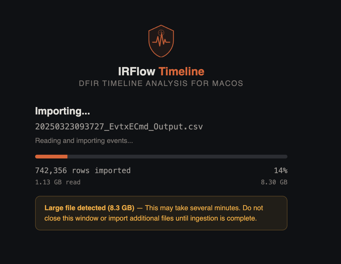 Import progress bar showing rows imported, file name, and streaming status while a large timeline loads