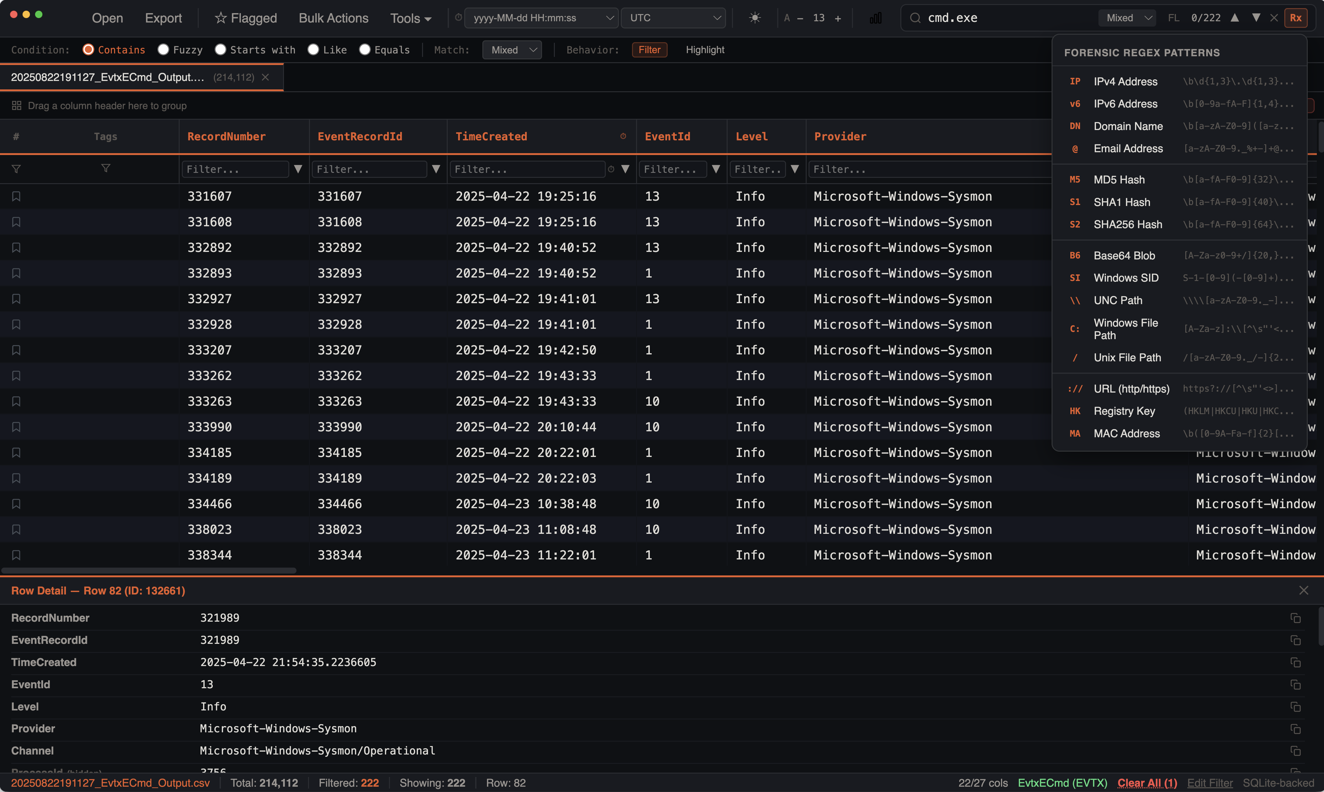 Search and Filtering interface showing a search for cmd.exe with forensic regex patterns panel