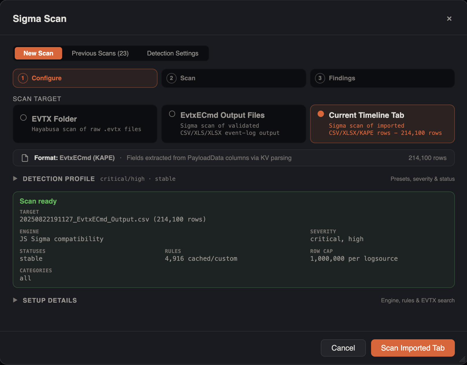 Sigma Scan configuration wizard showing the New Scan / Previous Scans / Detection Settings toggle, the three-step Configure → Scan → Findings flow, the EVTX Folder / EvtxECmd Output Files / Current Timeline Tab scan targets, and a green Scan Ready panel summarizing target, engine, severity, and rule counts