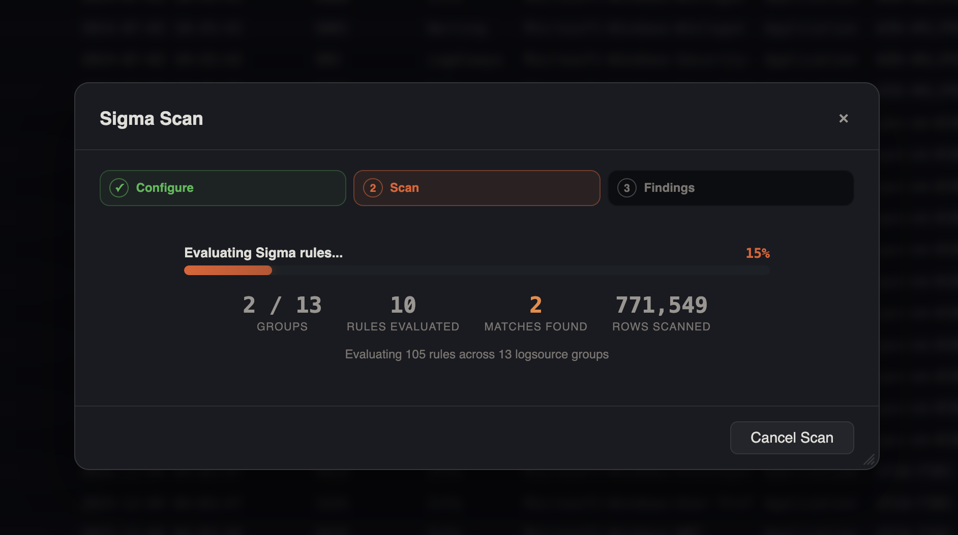Sigma Scan in progress showing scan step, engine status, and progress indicators during an active detection run