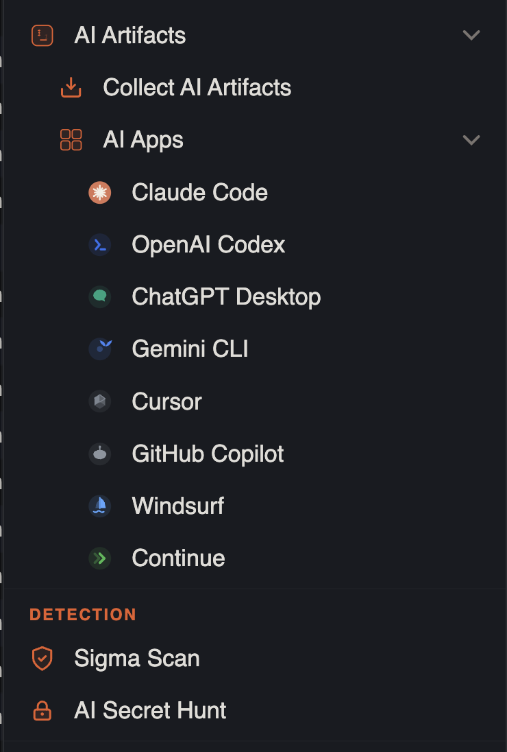 Tools → Detection with Sigma Scan and AI Secret Hunt on an AI history tab