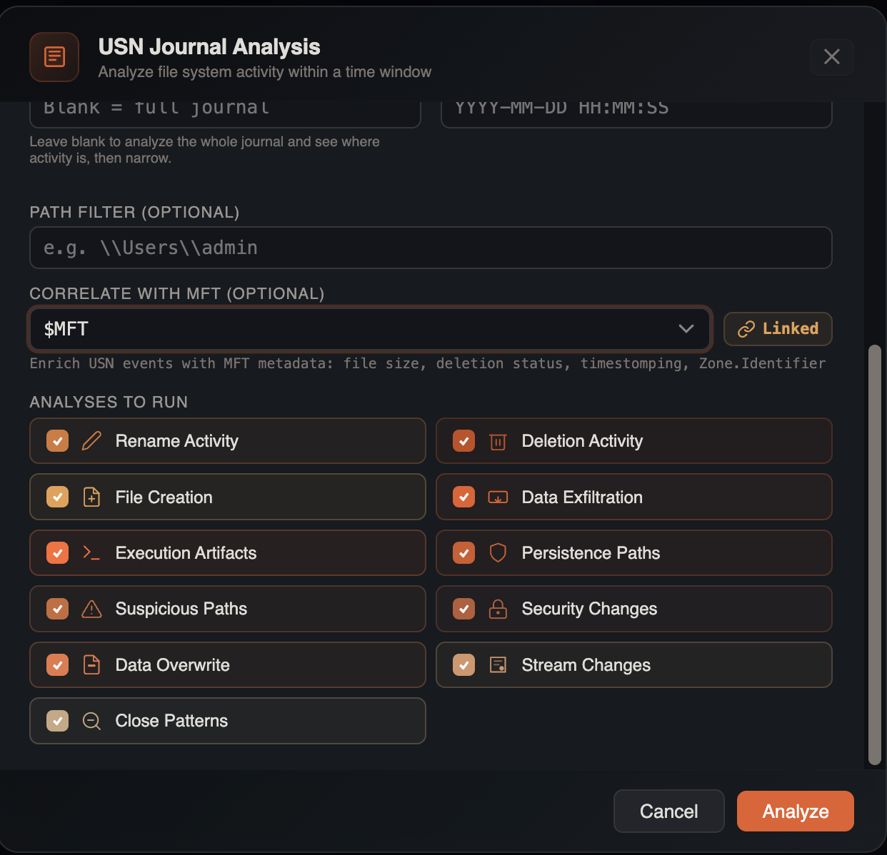 USN Journal Analysis setup with time range, path filter, and optional MFT cross-reference tab